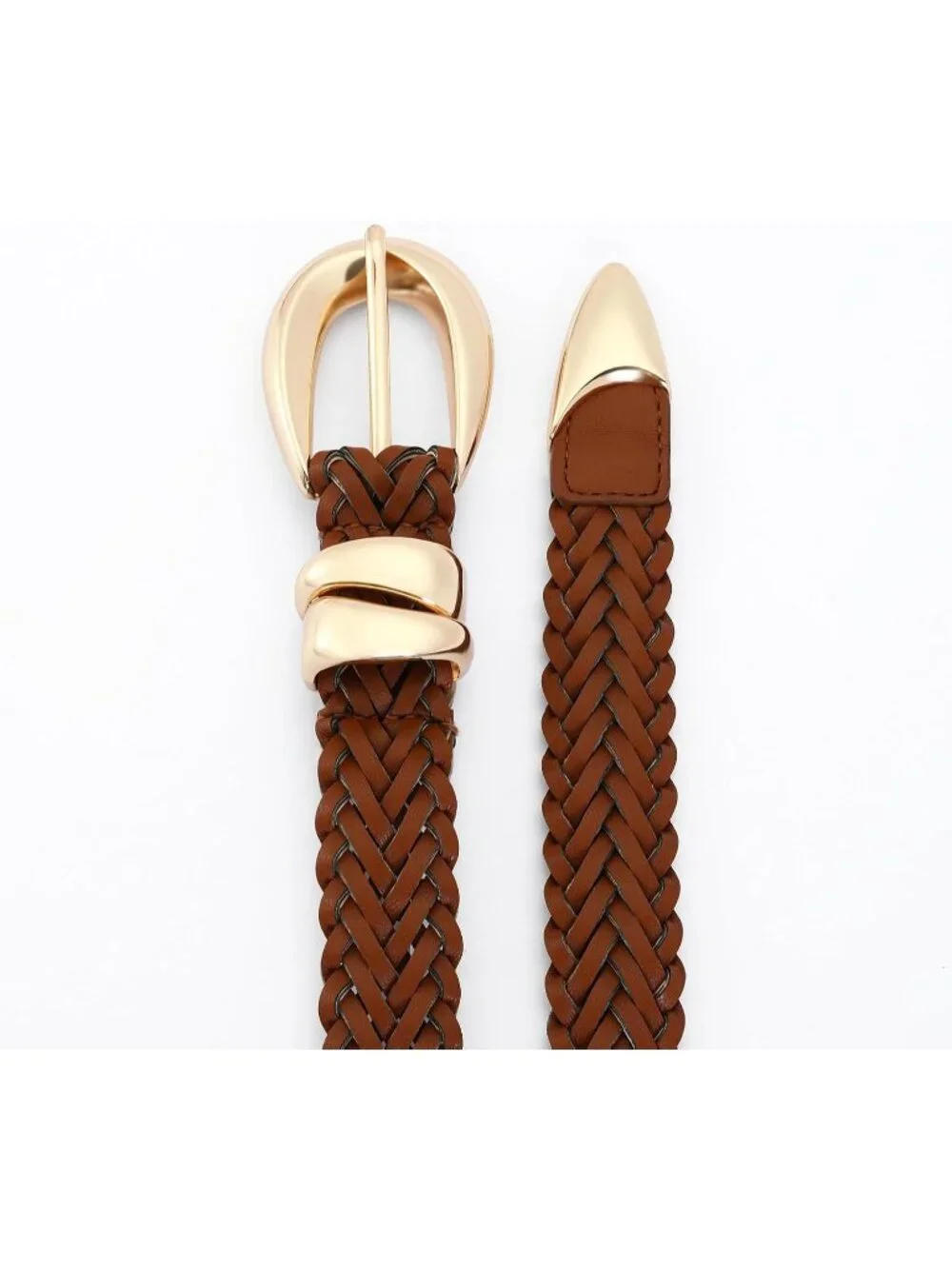 Women's Braided Brown Leather Adjustable Waist Belt For Jeans With Gold Buckle